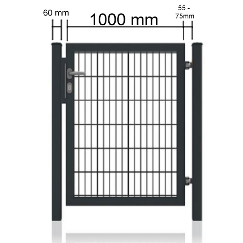 VOLLRAHMEN GARTEN-TOR 1-FLÜGELIG RAL 7016 ANTHRAZIT verzinkt und pulverbeschichtet, Rahmenstärke 40 x 40 mm, mit Stabmattenfüllung, inkl. Pfosten 60 x 60 mm, Schloss und Drückergarnitur, MIT Profilzylinder, Maß / HxB: 1000 x 1000 mm