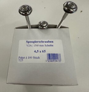 4.5 x 65 mm Spenglerschrauben-Set V2A m. 15.0 mm Scheibe (ohne T25 Torx Bit), VE: 100 Stück